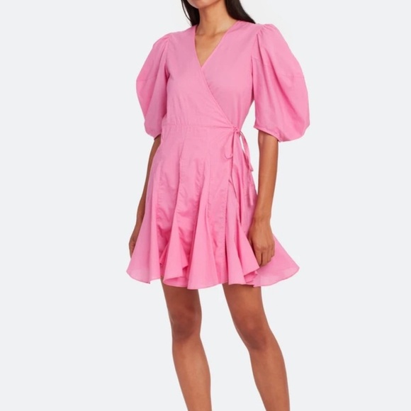 RHODE Rosie Prism Pink puff sleeve wrap mini dress - Picture 3 of 10